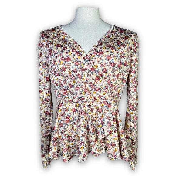 White Birch Floral Faux Wrap Peplum Long-Sleeve Top W Sz L cottagecore - Picture 1 of 7